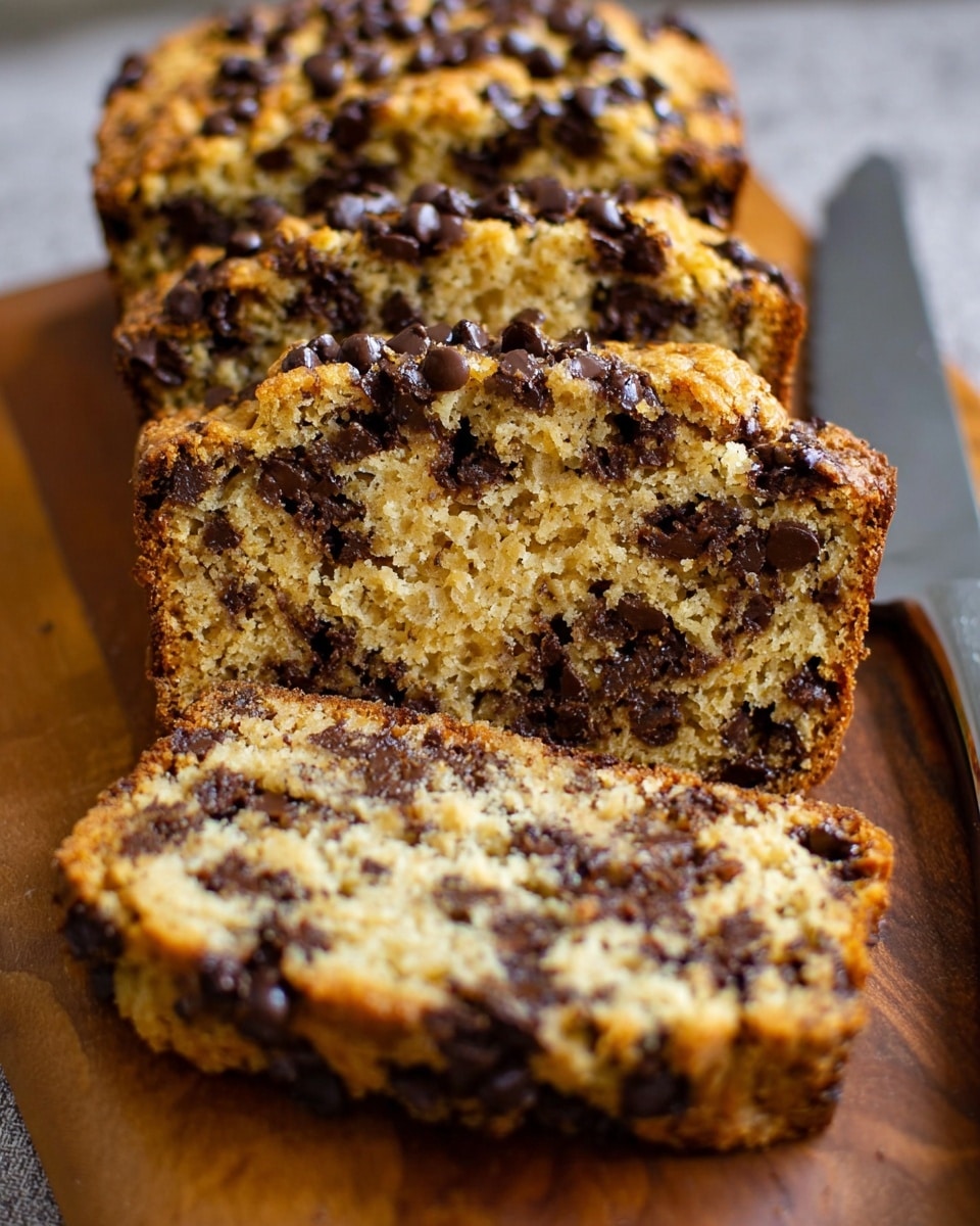 The image shows three thick slices of chocolate chip bread arranged in a row on a wooden board. The bread has a golden-brown, crumbly texture with many small dark chocolate chips spread throughout each slice. The chips also dot the tops of the slices, giving a bumpy, rich surface. The edges are slightly darker and crunchy, while the inside looks soft and moist, filled with chocolate pieces. A knife with a shiny blade lies next to the slices on the board. The background is blurred gently, focusing on the bread slices in the center. Photo taken with an iphone --ar 4:5 --v 7