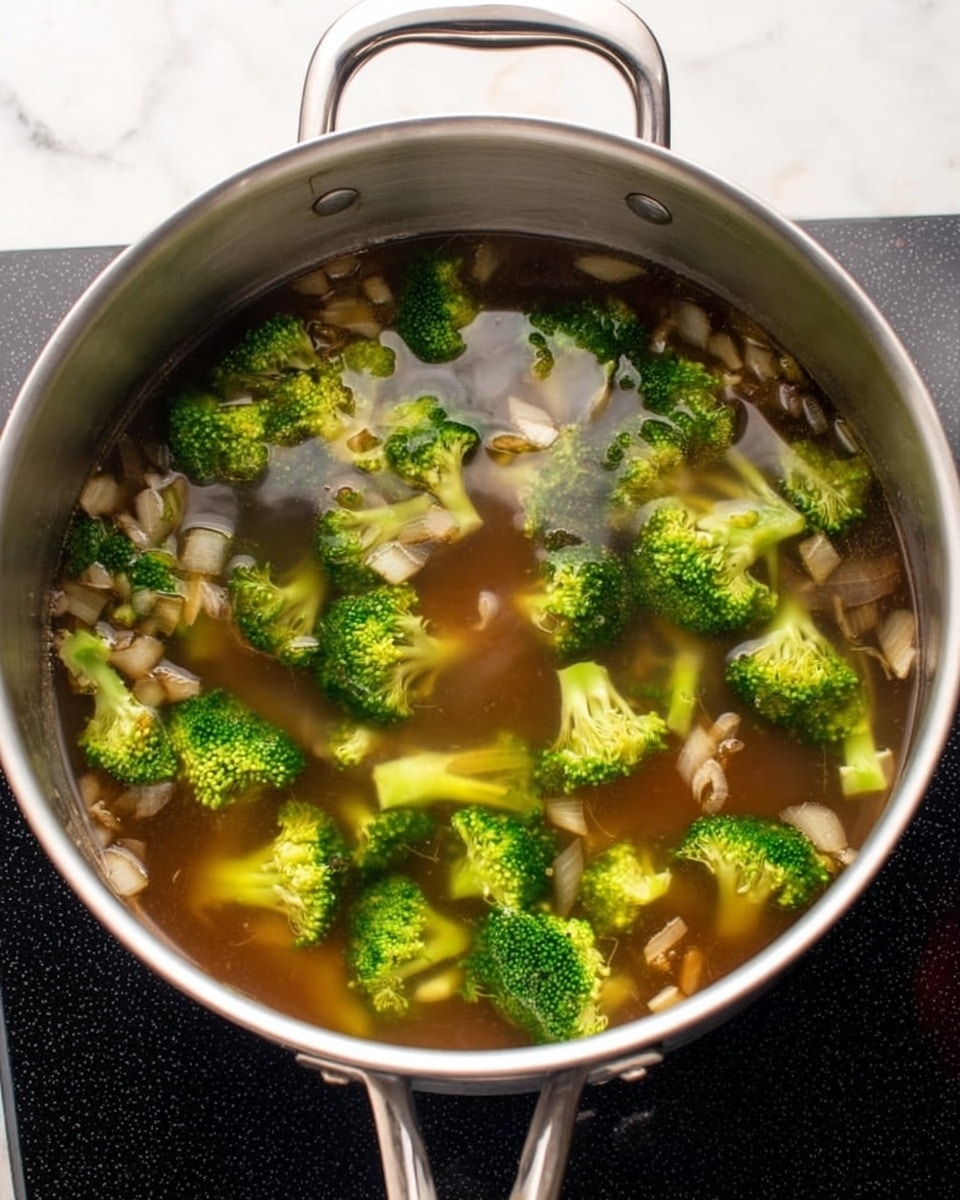 A stainless steel pot on a black stovetop holds a broth with bright green broccoli florets floating in it. Small pieces of light brown onions are scattered throughout the clear brownish liquid, which fills about one-third of the pot. The pot’s shiny interior reflects some of the ingredients, and the handles are visible on both sides. The background shows a white marbled countertop. photo taken with an iphone --ar 4:5 --v 7