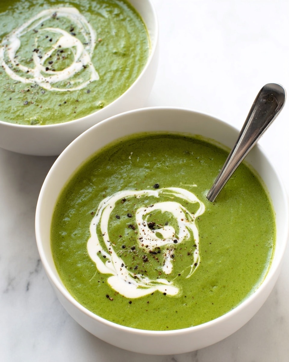 The image shows two white bowls filled with smooth green soup that has a slightly thick texture, likely made from pureed vegetables or herbs. Each bowl has a swirl of white cream on top, with the nearest bowl having strokes of cream in a zigzag pattern, sprinkled with ground black pepper, and the other bowl having a loose circular swirl of cream. A silver spoon is standing in the soup in the closest bowl, and both bowls are placed on a white marbled surface photo taken with an iphone --ar 4:5 --v 7