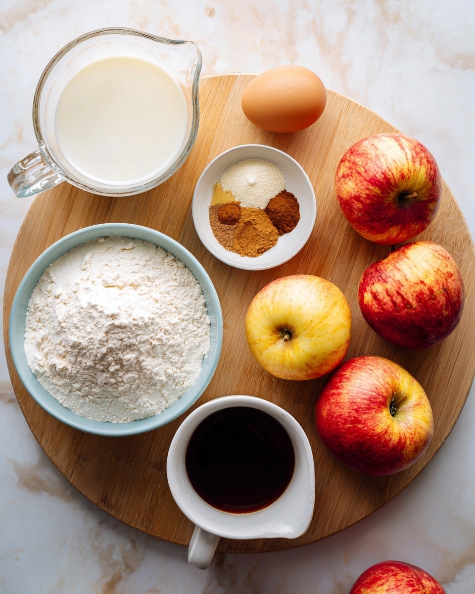 The image shows a wooden board placed on a white marbled surface, holding several baking ingredients. Three red-yellow apples are arranged around the board, with one at the bottom right corner just touching the edge. On the board, there is a white bowl with three spices and powders in separate sections, an egg with a light brown shell, a light blue bowl filled with white flour, and a glass measuring cup containing a white liquid, likely milk or cream. Nearby on the marbled surface, there is a white cup with melted butter and a white bowl with dark brown liquid, possibly vanilla or syrup. The colors are bright and natural, with soft natural lighting. photo taken with an iphone --ar 4:5 --v 7