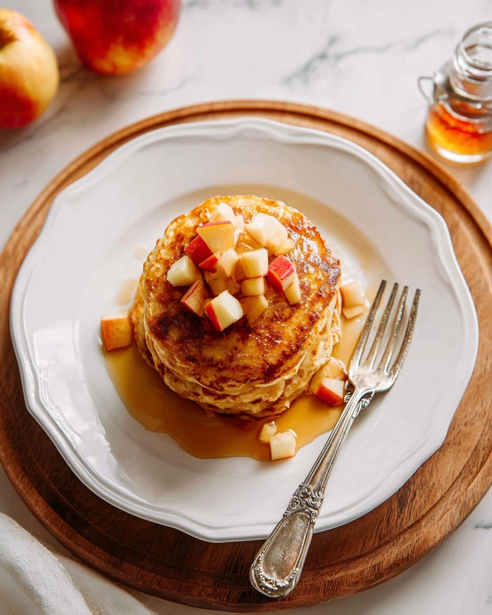 A stack of three golden-brown pancakes sits in the center of a white plate with a scalloped edge, topped with small cubes of light and red apple pieces. The pancakes show a crispy texture around the edges with syrup lightly drizzled over them and pooling slightly on the plate. To the right of the pancakes is a vintage silver fork and knife placed on the plate. The white plate rests on a round wooden tray on a white marbled surface, with an apple and a small glass container of syrup nearby. Photo taken with an iphone --ar 4:5 --v 7