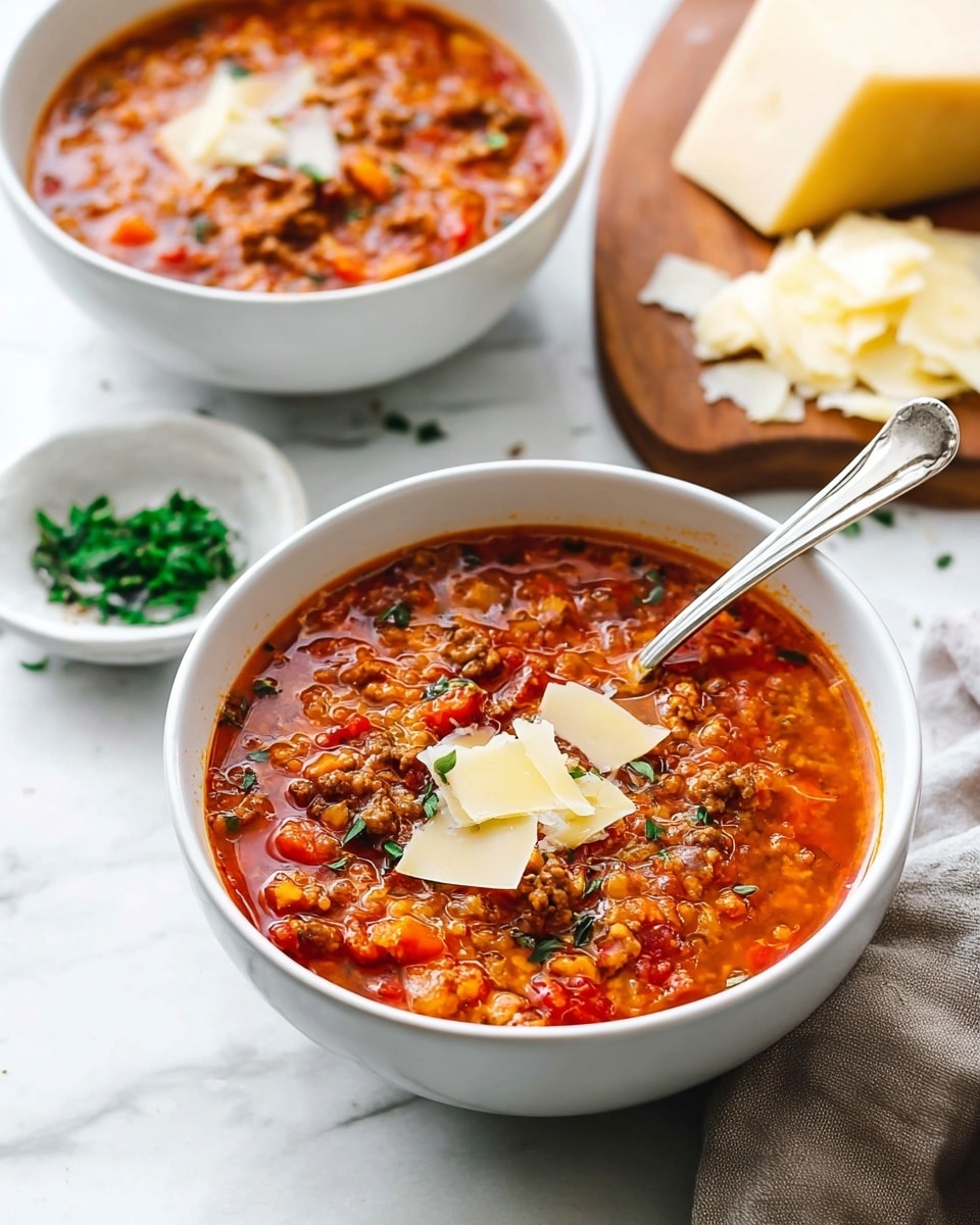 Two white bowls filled with thick, chunky tomato soup with visible pieces of ground meat, small red and orange vegetables, and herbs. One bowl in front is topped with thin, light yellow cheese slices and small green herb pieces, while a silver spoon rests inside it. The second bowl in the back contains the soup without cheese, with a silver spoon resting in it too. Behind the bowls, there is a small white dish with bright green chopped herbs. On the right side, there is a wooden board with more cheese slices and a block of cheese. The setting is on a white marbled surface. photo taken with an iphone --ar 4:5 --v 7
