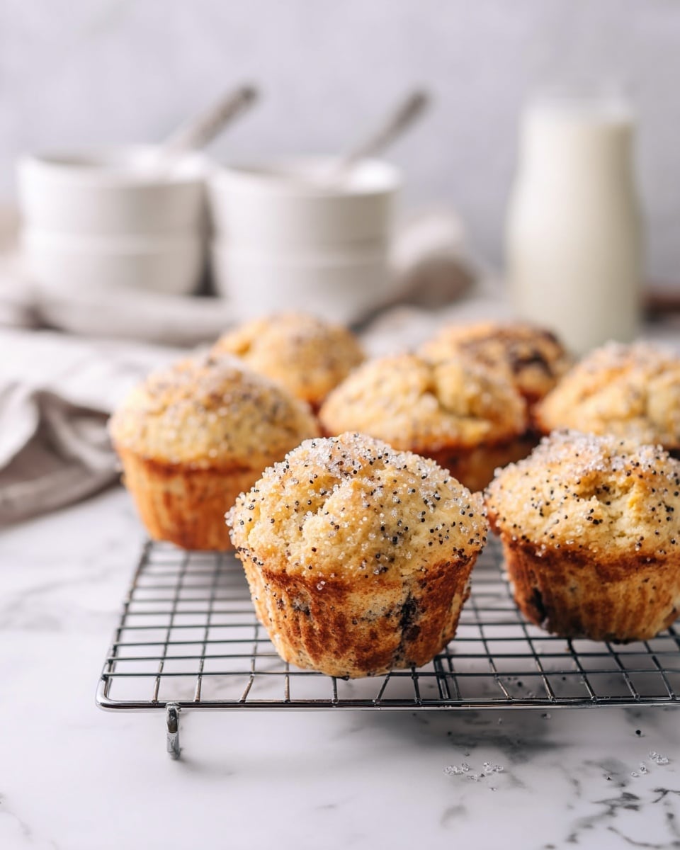 There are six golden muffins with small black seeds evenly spread inside them, placed on a silver cooling rack. The muffins have a soft, crumbly texture with a slightly rough top sprinkled with sugar crystals. In the background, there are multiple white bowls, some with muffins in them and one with a spoon. Also, a glass of milk is faintly visible. The whole scene is set on a white marbled surface. photo taken with an iphone --ar 4:5 --v 7