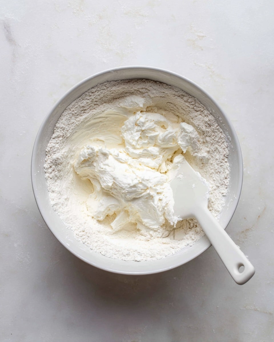 A white bowl holds two main layers: a base of fine white flour covering the bottom and sides, with several dollops of thick white cream or yogurt placed unevenly on top, some partially mixed into the flour. A white spatula with a smooth handle rests inside the bowl on the right side, partially covered with the cream, and the bowl is set on a white marbled surface. Photo taken with an iphone --ar 4:5 --v 7