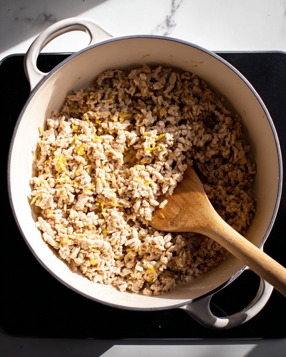 A top view of cooked ground meat mixed with small yellow bits in a white pot with two handles, sitting on a black stovetop with a white marbled surface. A wooden spoon rests inside the pot on the right side, partially covered by the meat mixture. The meat texture looks soft and crumbly with a light tan color, and the small yellow pieces are evenly spread throughout. Sunlight hits the meat, creating light and shadow contrasts. photo taken with an iphone --ar 4:5 --v 7