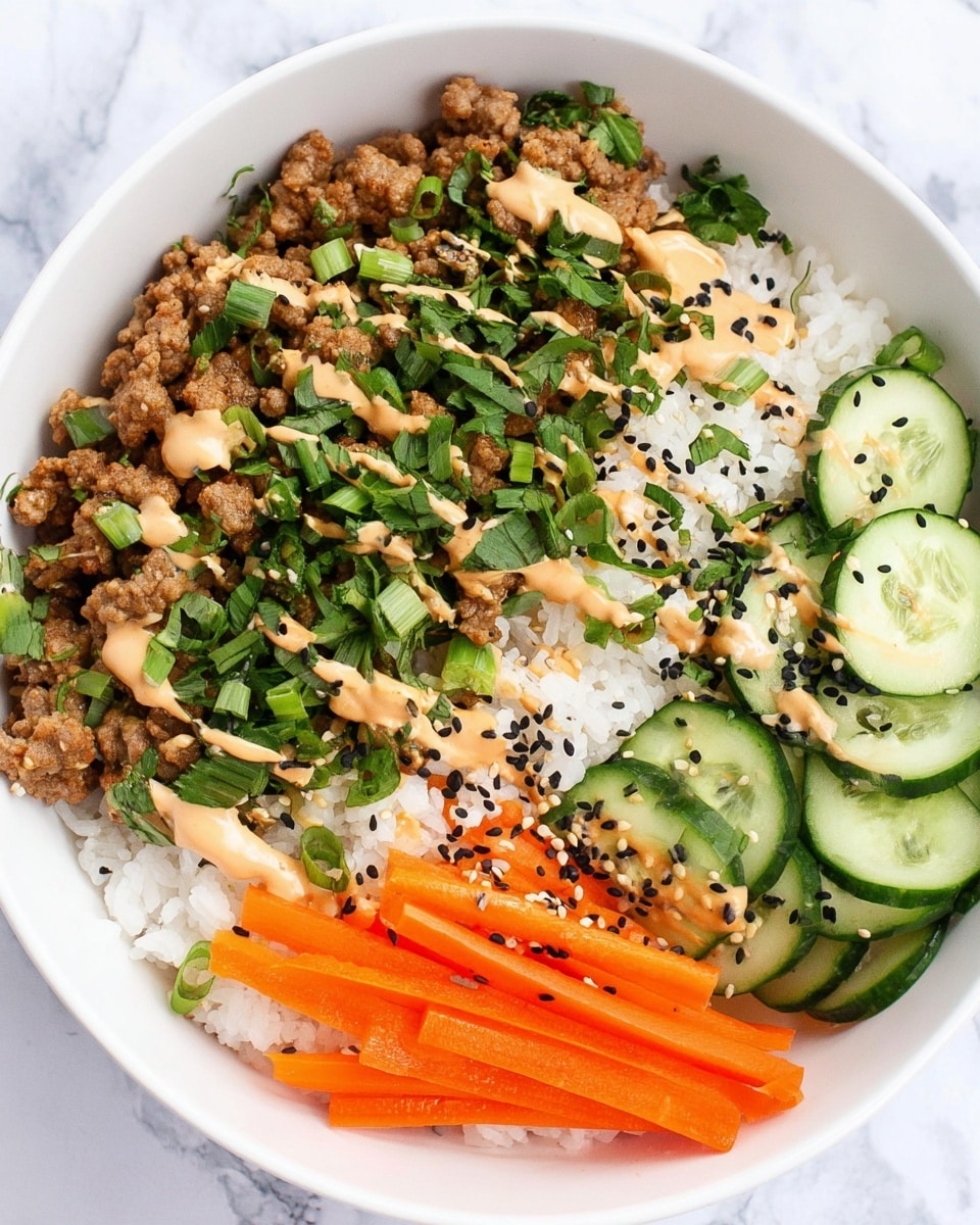 A white bowl filled with four main layers: on the top left, a generous layer of cooked minced meat with a brown, slightly textured look, sprinkled with fresh green herbs and chopped green onions, drizzled with a pale orange creamy sauce and black sesame seeds; on the top right, a fluffy layer of white rice garnished with the same creamy sauce, black sesame seeds, and green herbs; on the bottom left, sliced green cucumbers arranged neatly, topped with a few sesame seeds; on the bottom right, bright orange carrot sticks that are thin and crisp, lightly covered with the creamy sauce and sesame seeds, all placed on a white marbled surface. photo taken with an iphone --ar 4:5 --v 7