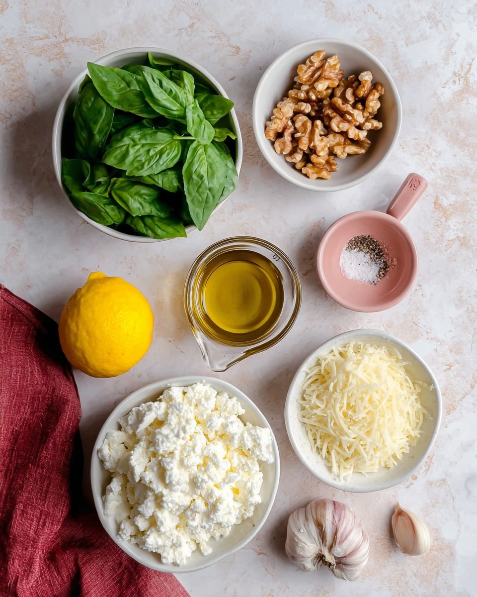 The image shows six ingredients arranged neatly on a white marbled surface. At the top left is a white bowl filled with fresh green basil leaves. To its right is a small white bowl with light brown walnuts. Below the walnuts, there is a larger white bowl full of white cottage cheese with a soft texture. To the left of this bowl, a bright yellow lemon sits next to a small metal measuring cup of golden olive oil labeled 1/3 cup. Below the measuring cup are two garlic cloves with a light purple and white skin. Near the bottom right is a small white bowl filled with off-white shredded cheese. A small pink dish with a mixture of salt and pepper is positioned between the basil and cottage cheese bowls. A reddish cloth is folded partially visible on the bottom left. Photo taken with an iphone --ar 4:5 --v 7