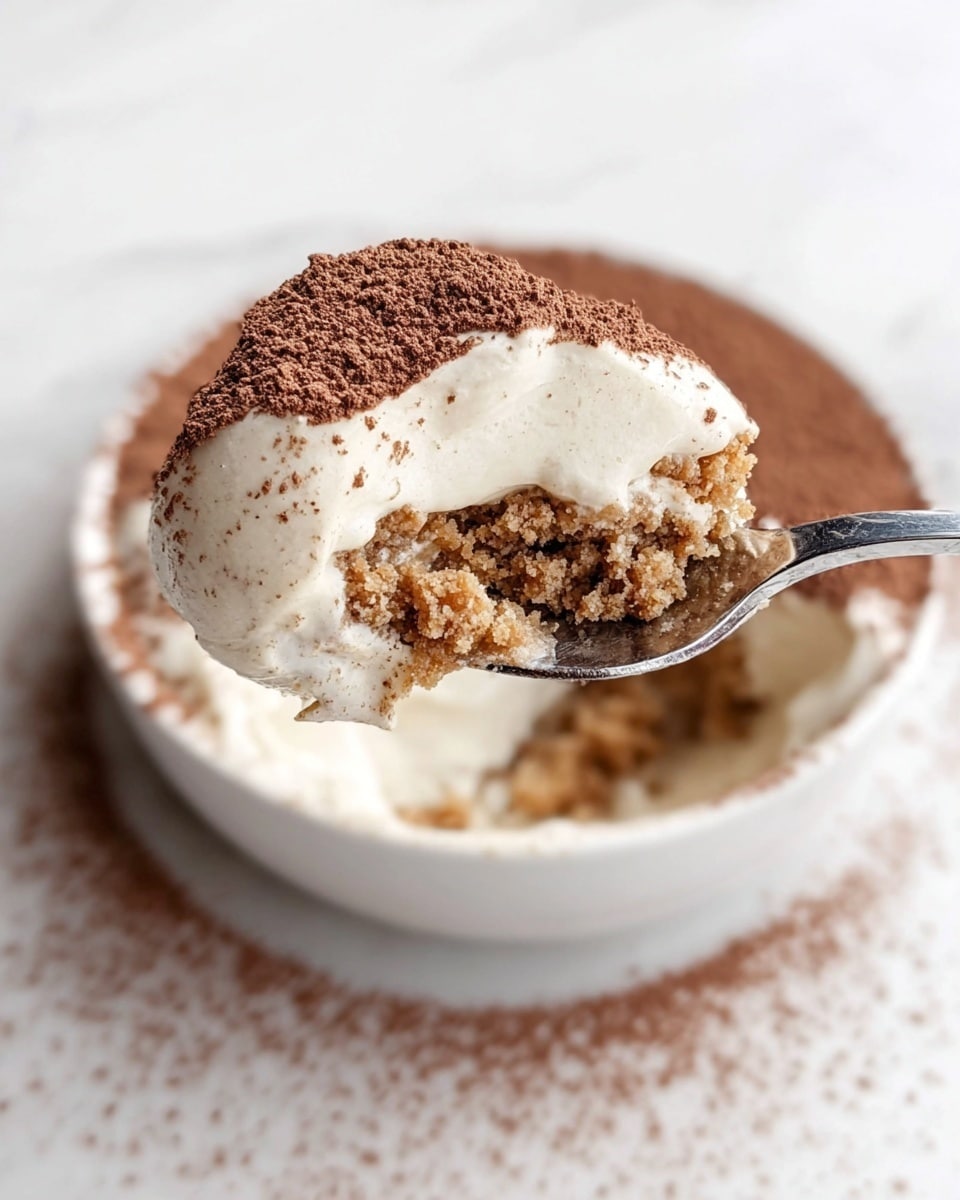 The image shows a close-up of a dessert spoon lifting a layered treat from a white bowl placed on a white marbled surface. The top layer is a smooth, white creamy texture sprinkled with fine cocoa powder, creating a light brown dusting on part of the cream and the surface around the bowl. Beneath the cream, there is a crumbly, golden brown layer with a rough texture, contrasting with the softness above. The spoon, silver and shiny, is holding the dessert above the bowl's center, showing the mix of creamy and crumbly layers in detail. Photo taken with an iphone --ar 4:5 --v 7