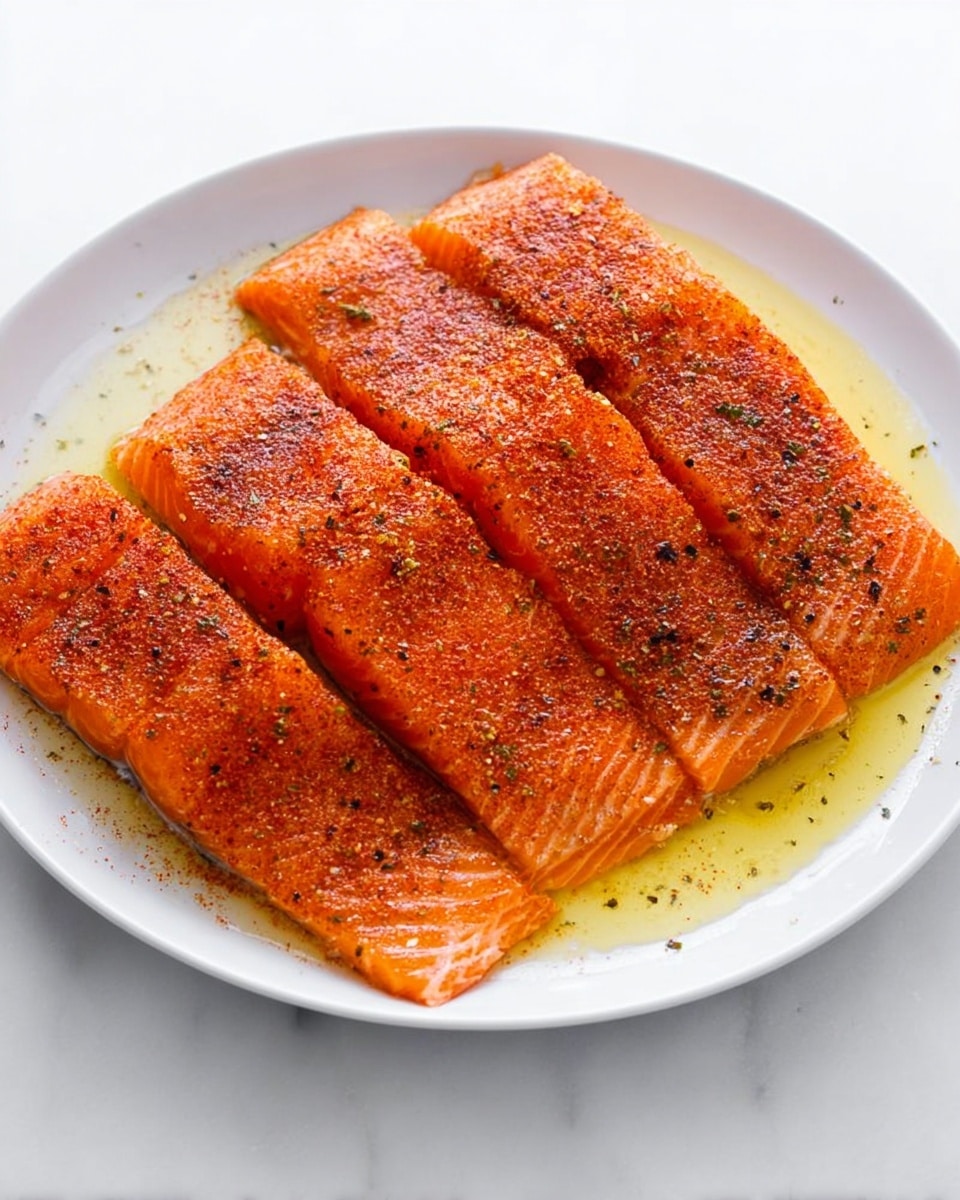 The image shows a large white plate with four thick pieces of raw salmon fillets lying side by side. The salmon has a bright orange-pink color with smooth, slightly shiny flesh. Each fillet is covered evenly with a reddish spice rub, speckled with small black pepper and green herb bits. There is a small pool of light yellow oil or marinade around the edges of the salmon on the plate. The plate sits on a white marbled surface. Photo taken with an iphone --ar 4:5 --v 7
