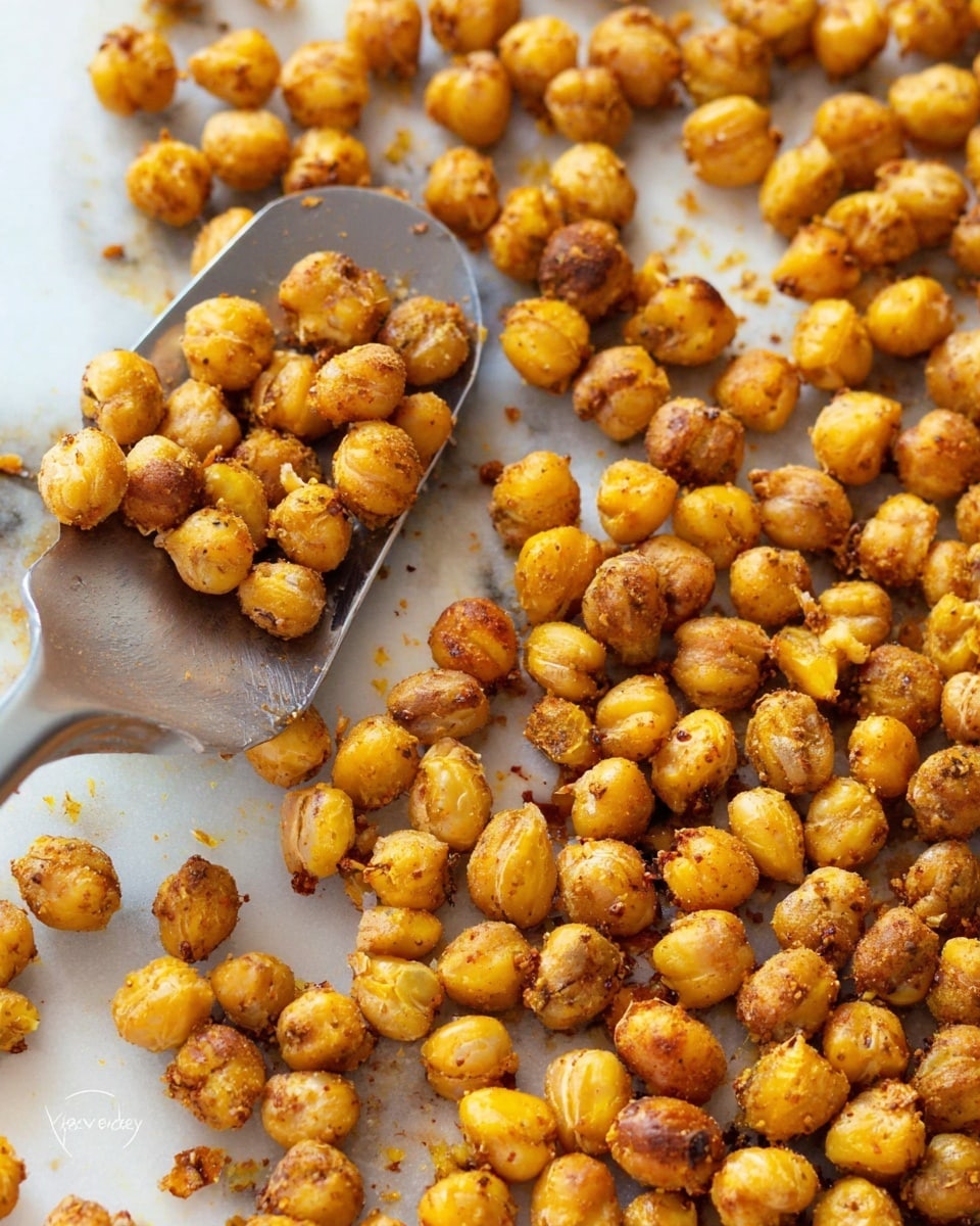 A close-up view of golden brown roasted chickpeas spread out on a white marbled surface, showing their crunchy and slightly textured coating, with a metal spatula lifting a portion of the chickpeas in the top left area of the image, the chickpeas have varied shades of toasted yellow and light brown with some small crispy bits visible on their skins photo taken with an iphone --ar 4:5 --v 7