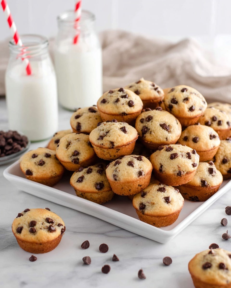 A large white rectangular plate is filled with many small, light golden mini muffins dotted with dark chocolate chips, piled in a soft mound. A broken mini muffin sits on the white marbled surface near the plate, showing a soft, speckled inside texture. Scattered dark chocolate chips lie casually around the plate on the white marbled surface. In the background, there are two clear glass bottles filled with milk; one bottle has a red and white striped straw, and a beige cloth is draped softly behind the setup. The whole scene is bright and clean, with soft natural light. photo taken with an iphone --ar 4:5 --v 7