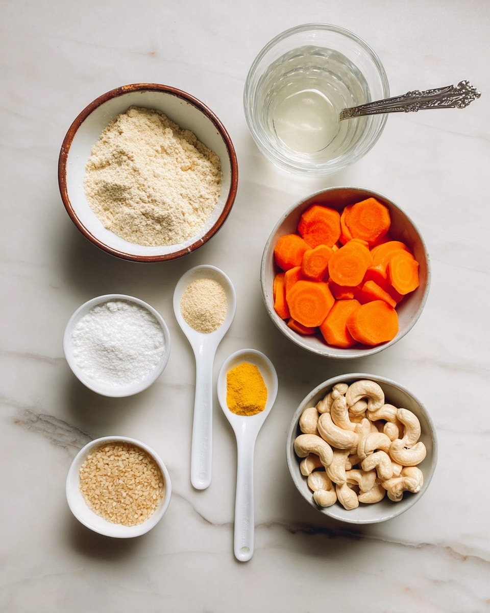 The image shows several ingredients neatly arranged on a white marbled surface. From left to right, there is a white bowl with a brown rim filled with a light beige powder, a smaller white bowl filled with a white powder, a clear glass container filled with a clear liquid, and a white bowl with a brown rim filled with bright orange carrot slices. In the center, there are three white ceramic spoons, one with a small amount of yellow powder, one with a brighter yellow powder, and one holding a light beige powder. There is also a small silver spoon filled with light brown granules. Finally, on the right, there is a white bowl filled with whole cashew nuts. All items are placed carefully with space around them, and the photo is taken with an iphone --ar 4:5 --v 7