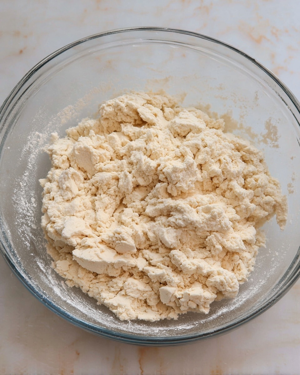 A clear glass bowl filled with a rough, uneven dough mixture that is light cream in color, showing clumps and floury texture with some loose flour around the edges inside the bowl, all placed on a white marbled surface photo taken with an iphone --ar 4:5 --v 7