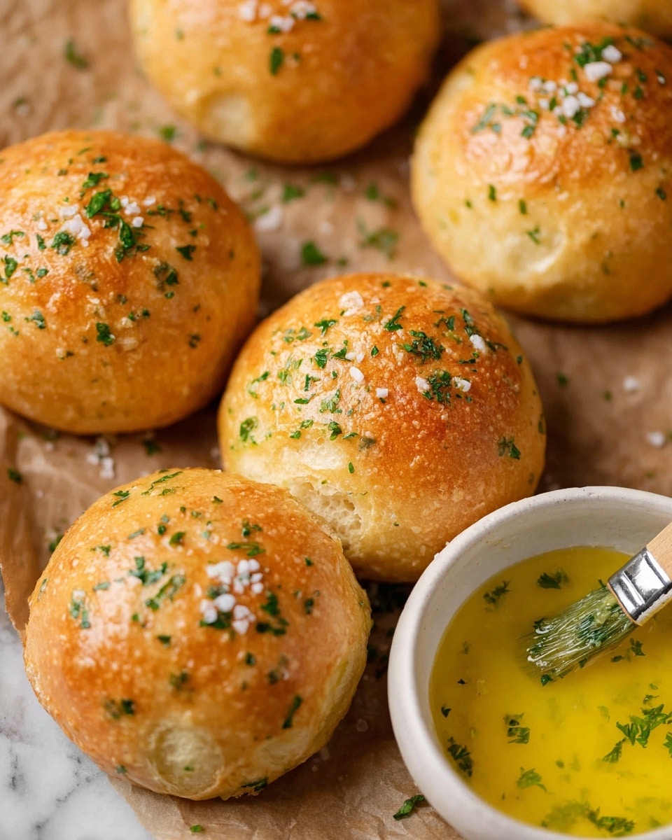 The image shows a close-up of seven golden-brown baked bread rolls on brown parchment paper, each roll round and slightly shiny with a textured surface and small specks of green parsley sprinkled on top. Coarse salt flakes are scattered over the rolls, and in the lower right corner, there is a white bowl filled with yellow melted butter mixed with finely chopped green herbs, with a small brush resting inside it. The background has a white marbled texture. photo taken with an iphone --ar 4:5 --v 7