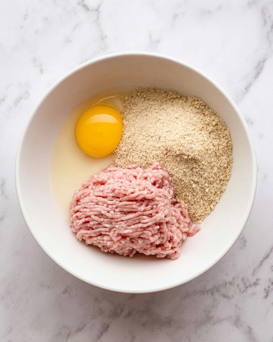 A white bowl on a white marbled surface holds three main ingredients layered side by side without mixing. On the left is a whole raw egg with a bright yellow yolk and clear egg white. Next to it on the right is a pile of fine beige breadcrumbs with some smaller granules sprinkled nearby. Below both ingredients is a portion of raw ground meat in a pale pink color, showing visible strands and folds. The lighting is soft and natural, highlighting the textures of each ingredient clearly. Photo taken with an iphone --ar 4:5 --v 7