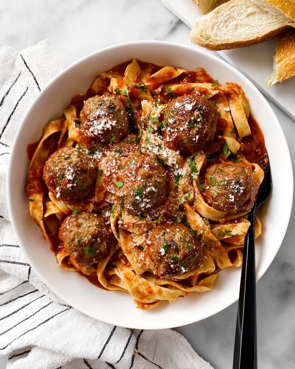 A white bowl with a base layer of flat, wide pasta noodles in red tomato sauce, the pasta is twisted and covered evenly around the bowl. On top, there are seven browned meatballs with a light dusting of grated cheese and bits of chopped green herbs scattered over both the meatballs and pasta. A black utensil rests on the right side inside the bowl. The bowl sits on a white marbled surface with a white cloth with black stripes nearby and two pieces of bread partially visible in the top right corner. photo taken with an iphone --ar 4:5 --v 7