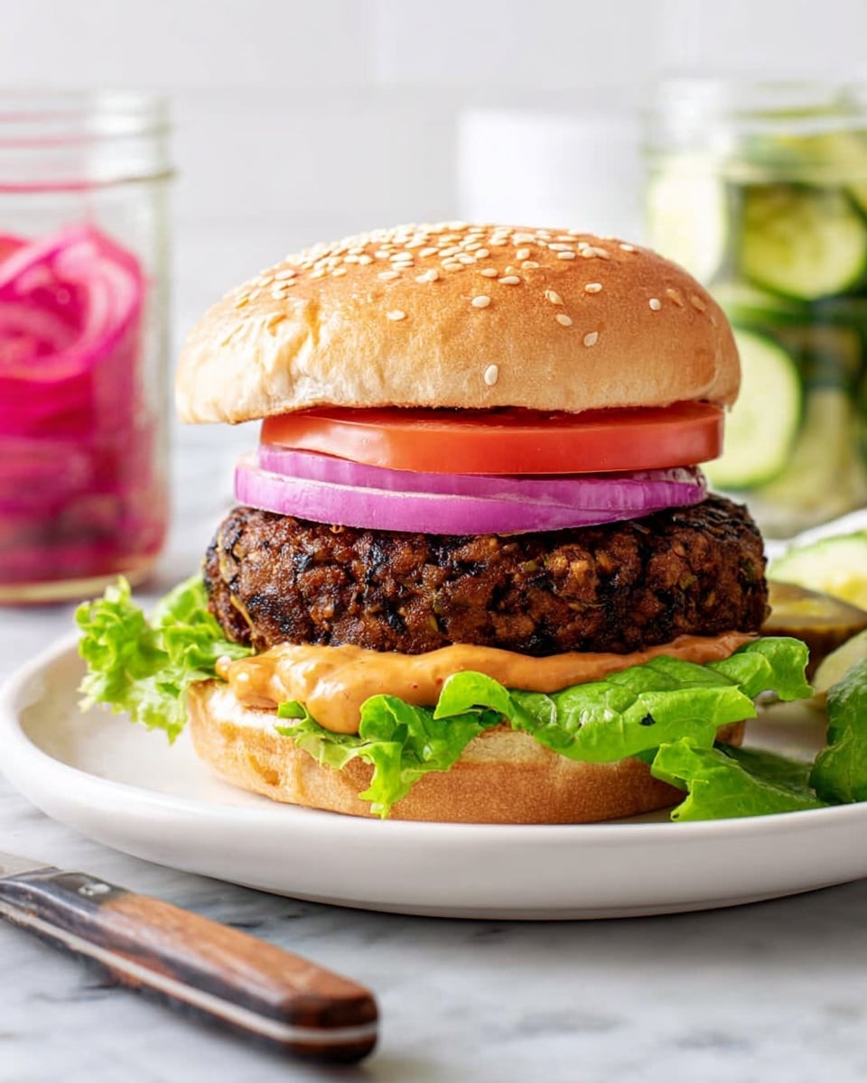 A burger sits on a white plate with a white marbled surface underneath. The bottom layer is a soft bun with a light golden color and slight texture, topped with ruffled bright green lettuce leaves. Above the lettuce is a spread of creamy orange sauce lightly dripping. On top of the sauce is a thick, dark brown burger patty with a rough surface and small light spots scattered throughout. Above the patty are thin slices of purple onion, neatly stacked, followed by a thick slice of red tomato. The burger is crowned with a golden sesame seed bun top, soft with a smooth texture and scattered white sesame seeds. In the background, two blurred jars hold green cucumber slices and pickled red onions, while a knife with a dark handle rests on the plate edge. The photo taken with an iphone --ar 4:5 --v 7