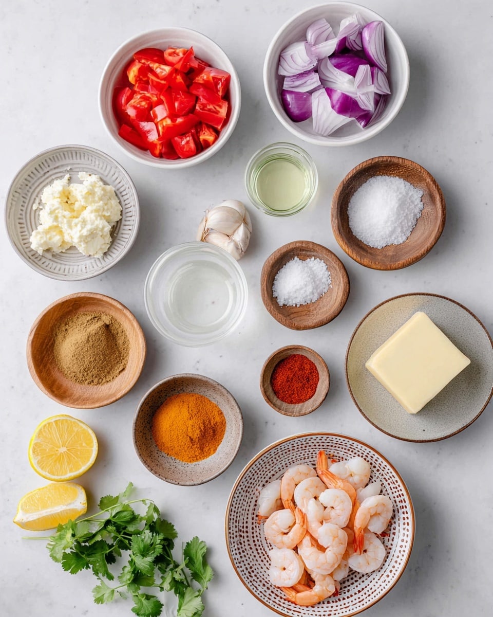 The image shows several small white bowls and wooden bowls placed on a white marbled surface, each filled with different cooking ingredients. In the center, there is a large white plate holding a small glass of white liquid, a small glass of oil, a wooden bowl with grated garlic, a wooden bowl with minced ginger, a wooden bowl with white salt, and three small white bowls with various spice powders in orange, brown, and bright red colors. To the top left, a white bowl is filled with chopped red tomatoes, and to the right, another white bowl contains large chunks of purple onions. On the far right, a white plate holds a slab of pale yellow butter. At the bottom left, a small white dish has two lemon halves and green cilantro leaves, while at the bottom right, a pattern-decorated light brown bowl contains peeled raw shrimp. The visual arrangement is neat and organized. photo taken with an iphone --ar 4:5 --v 7