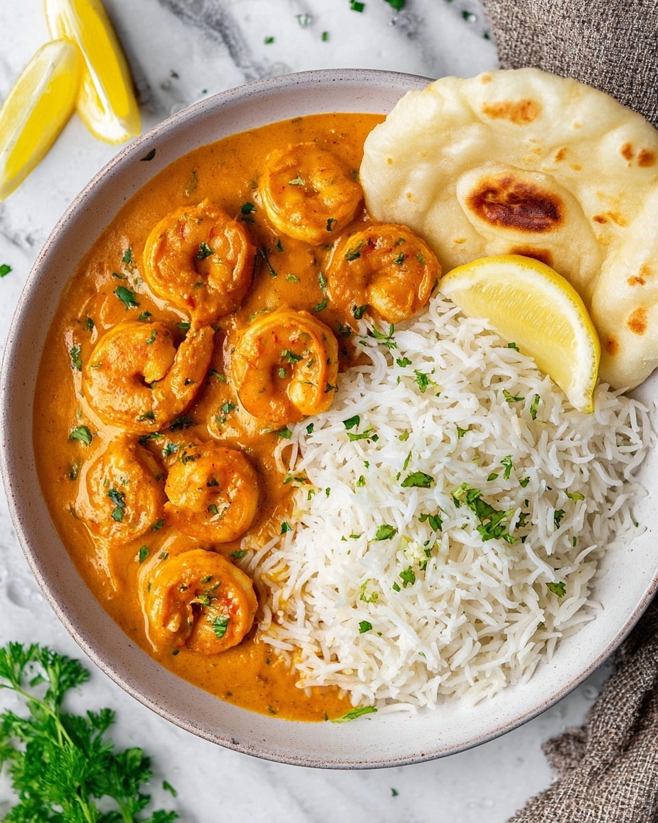 A round white bowl holds three main layers: on the left side, there is a rich orange creamy shrimp curry with visible shrimp coated in the thick sauce, garnished with small green herb bits; on the right side, there is a fluffy mound of white basmati rice sprinkled lightly with chopped green herbs; next to the rice at the bottom right is a folded piece of soft light beige flatbread with a small browned spot. A small lemon wedge with bright yellow color is placed above the rice near the top edge of the bowl. The bowl is set on a white marbled surface with some green herbs around it. Photo taken with an iphone --ar 4:5 --v 7