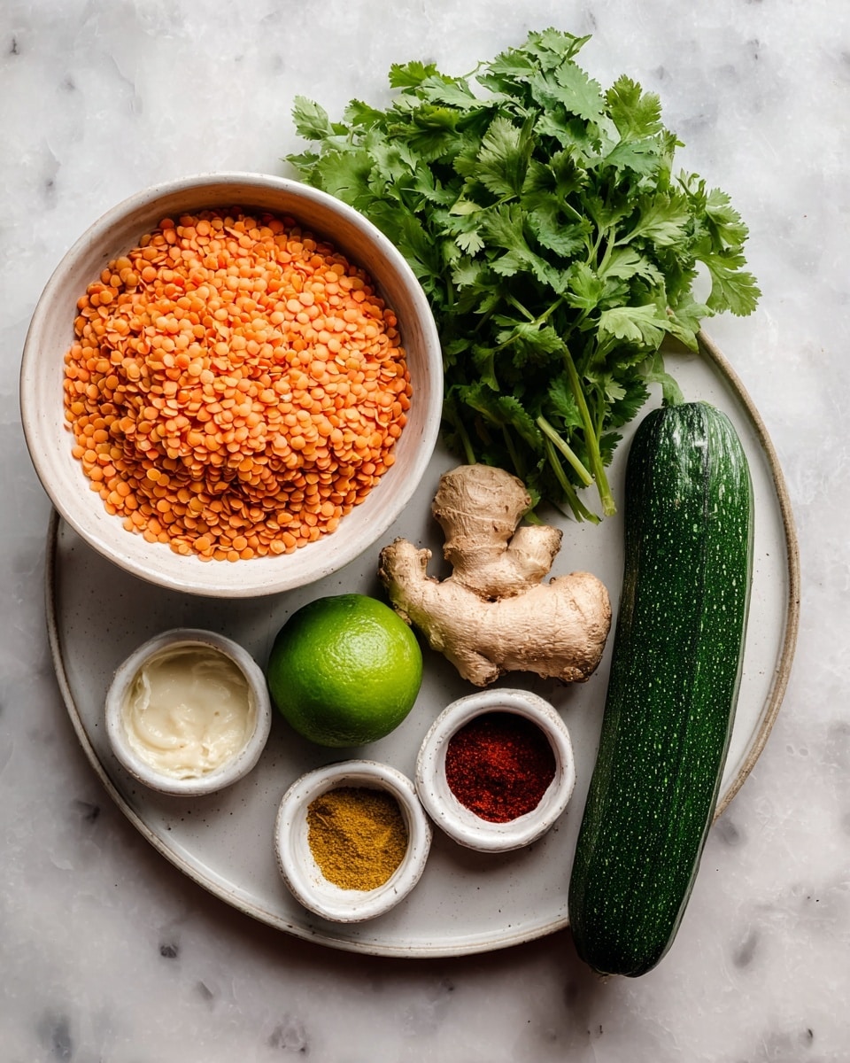 A white round plate holds several ingredients, each in its own white bowl or placed directly on the plate, all set on a white marbled surface. On the left, a large white bowl is filled with bright orange split lentils. Below it, a small white bowl contains a pale creamy sauce. In the center of the plate, half a green lime lies next to a chunk of light brown fresh ginger root. To the right of the lime, a small white bowl holds four powdered spices: dark brown, light brown, red, and bright yellow. A large bunch of fresh cilantro with dark green leaves rests above the lime and spices, and next to it is a whole dark green zucchini, completing the arrangement. Photo taken with an iphone --ar 4:5 --v 7