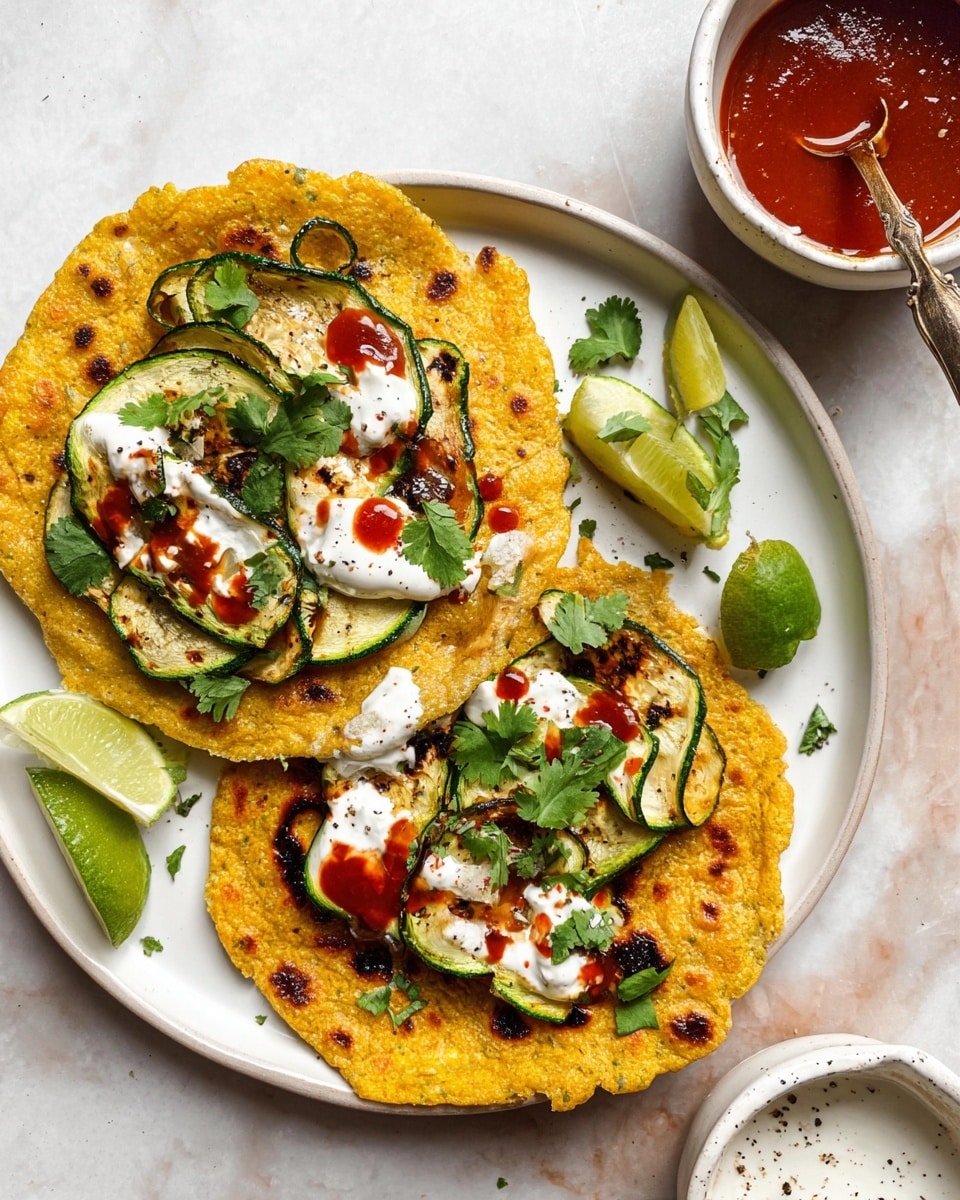 Two round, golden-yellow flatbreads with a slightly bumpy texture are placed on a white plate with a white marbled texture background. Each flatbread is topped with thin, light green and charred grilled zucchini slices layered in the center. Dollops of white creamy sauce are scattered atop the zucchini, with small spots of bright red sauce on the cream. Fresh green cilantro leaves are sprinkled over the flatbreads and plate. Two light green lime wedges sit beside the flatbreads on the plate. To the right, a small white bowl with a spoon holds more bright red sauce, and above the plate, there is a small white bowl with a white creamy sauce sprinkled with black pepper. photo taken with an iphone --ar 4:5 --v 7