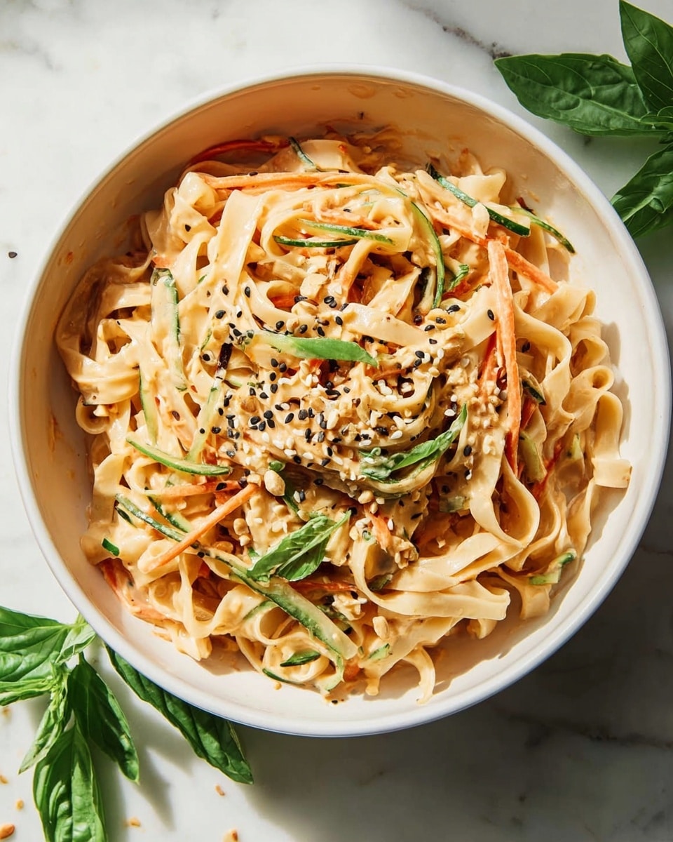 A white bowl filled with a noodle salad that has three main layers: the base layer is light beige wide noodles mixed with thin orange carrot strips and thin green cucumber strips, all coated in a creamy light orange sauce. On top, there are small black sesame seeds and tiny crushed nuts scattered evenly across the dish. Around the bowl, several green basil leaves lay on a white marbled surface, adding a fresh accent. The lighting is bright and natural, showing smooth textures on the noodles and sauce photo taken with an iphone --ar 4:5 --v 7