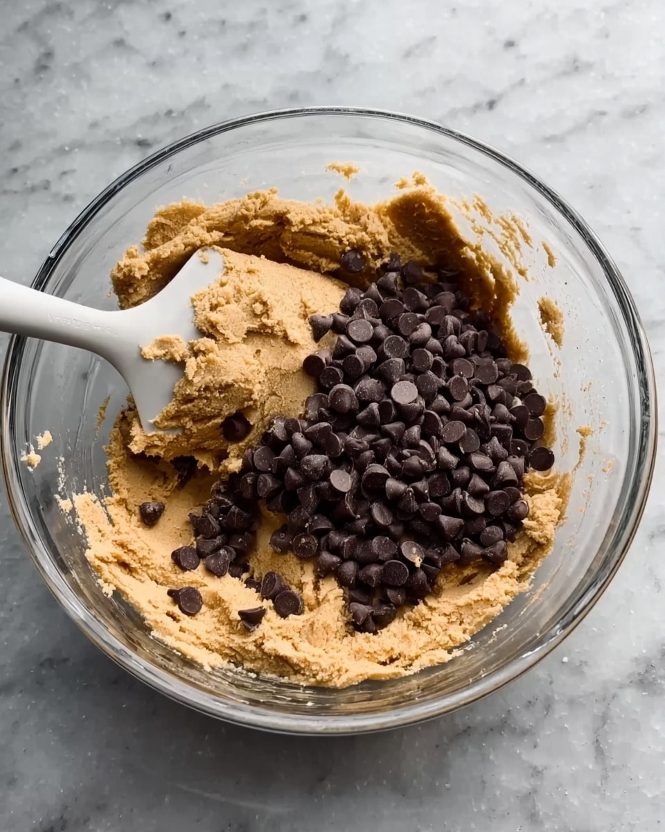 A clear glass bowl filled with a thick, light brown cookie dough mixture with dark brown chocolate chips piled on top in the center. A white spatula is partially dipped into the dough on the left edge of the bowl. The scene is set on a white marbled surface. Photo taken with an iphone --ar 4:5 --v 7