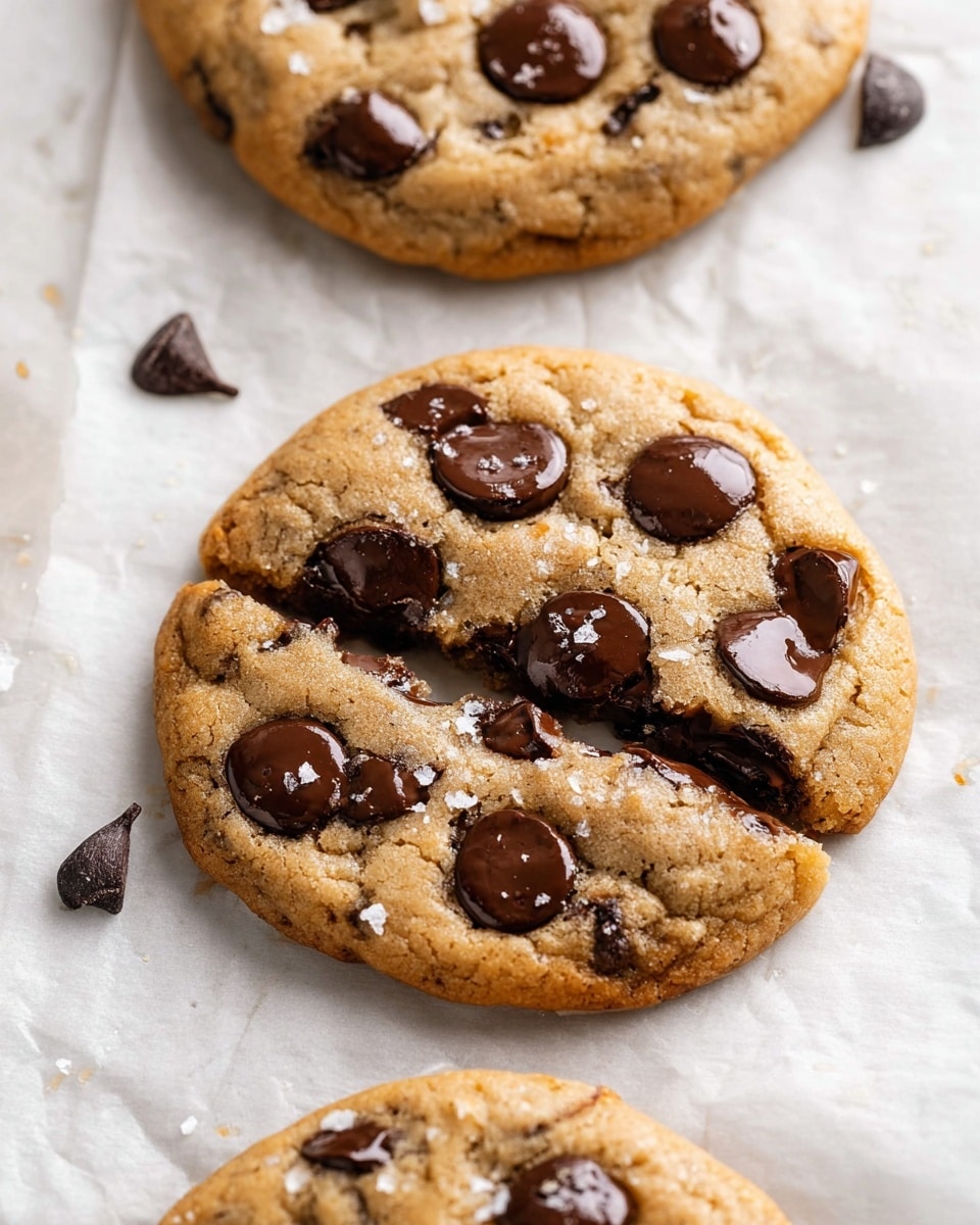 The image shows three round chocolate chip cookies on white parchment paper over a white marbled surface. The top cookie is whole, light brown with a soft texture and large, smooth dark chocolate chips spread evenly across its surface. The bottom cookie is only partially in view, also light brown with similar chocolate chips, some shiny with melty texture. The center cookie is broken in half, placed side by side to show the inside, which is soft and moist with chocolate chips melting slightly and some flakes of salt sprinkled on top. The cookies have a thick, slightly puffy appearance with small cracks and a smooth yet uneven surface photo taken with an iphone --ar 4:5 --v 7