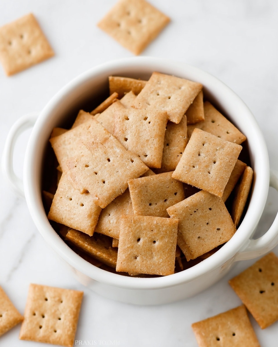 A white bowl filled with many square crackers stacked on top of each other, each cracker light brown with small holes in a pattern on its surface. The bowl has two small handles on opposite sides and sits on a white marbled surface. A few crackers are placed outside the bowl on the marbled surface, adding depth to the scene. The overall look is clean and simple, focusing on the texture and color of the crackers. photo taken with an iphone --ar 4:5 --v 7