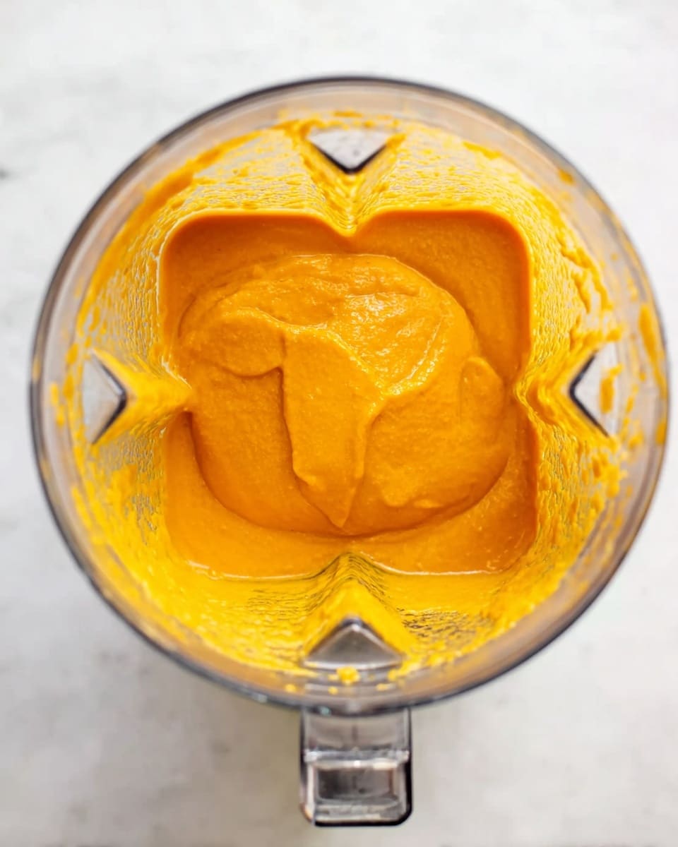 The image shows a top view of a blender containing a smooth, thick mixture with a bright orange color. The mixture fills most of the blender’s container and looks creamy with a slightly glossy surface. The blender’s clear sides show some slight splashes of the orange mixture near the edges. The blender is placed on a white marbled surface. photo taken with an iphone --ar 4:5 --v 7