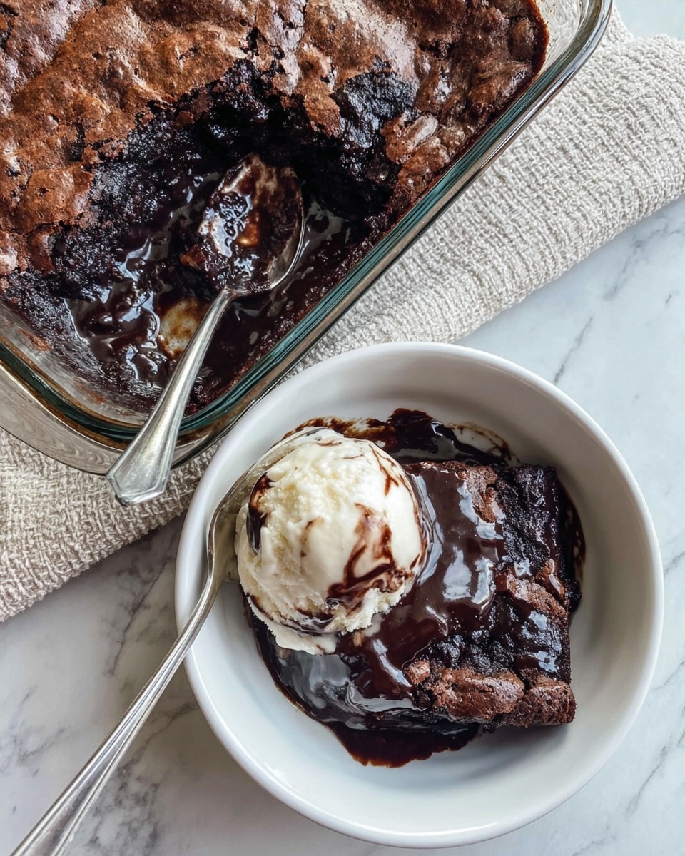 A white bowl on a white marbled surface holds one scoop of creamy vanilla ice cream with dark chocolate swirls on the right side and a thick, dark chocolate sauce-covered warm brownie piece on the left side, resting beside a silver spoon scooping the brownie. Above the bowl, there is a clear glass baking dish with more brownies showing a crusty, cracked top layer of deep brown chocolate with patches of glossy dark chocolate sauce on a textured light tan cloth next to the white marbled surface. Photo taken with an iphone --ar 4:5 --v 7