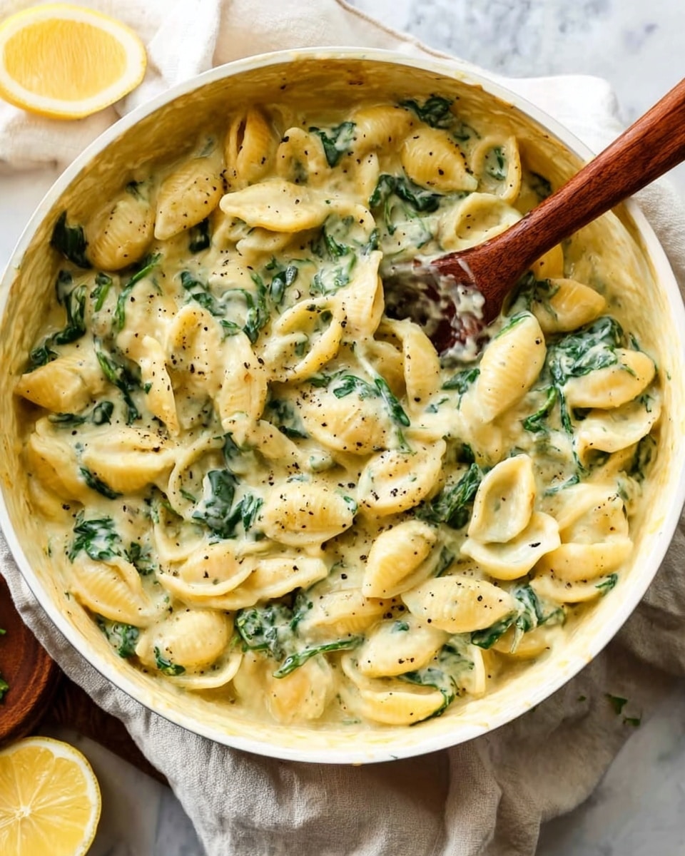 The image shows a white bowl filled with creamy pasta mixed with green spinach pieces. The pasta is shaped like small shells, covered in a thick, light yellow sauce with small black pepper specks. A wooden spoon is resting inside the bowl, stirring the creamy pasta. The bowl sits on a white marbled surface with a soft cloth and a lemon slice visible on the side. The overall look is rich and creamy with a smooth texture and some leafy green bits. photo taken with an iphone --ar 4:5 --v 7
