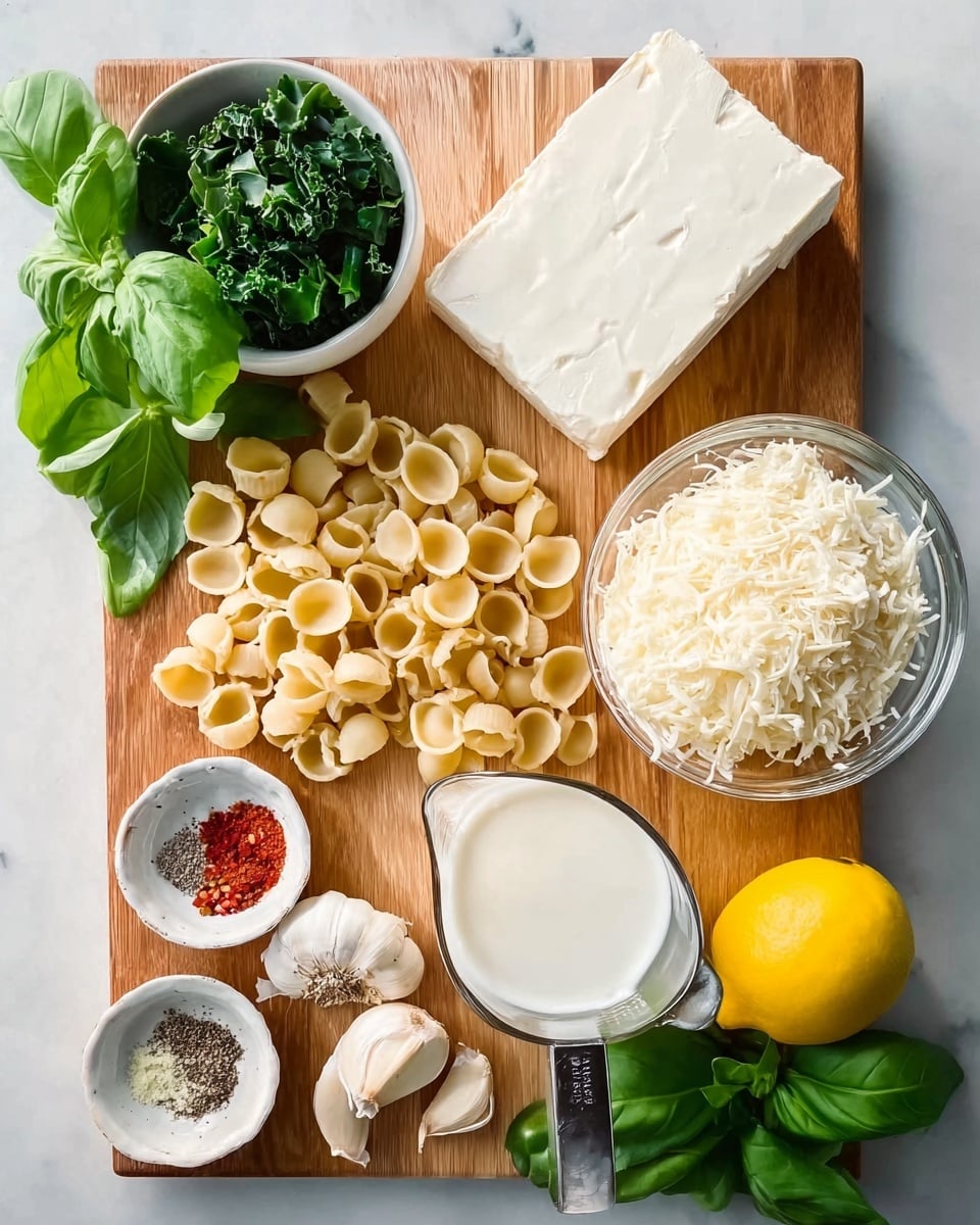 The image shows a wooden board placed on a white marbled surface, with various ingredients neatly arranged. At the top right, there is a large block of white cheese, next to a small bunch of fresh green basil leaves. To the right, a clear glass bowl holds white shredded cheese. Below it, a yellow lemon is placed near a metal measuring cup filled with white liquid. In the center of the board, small beige pasta shells are scattered. On the top left, a small white bowl contains green cooked leafy vegetables. Around the board, there are three garlic cloves near a small white dish with three types of spices red, white, and black powders. In the bottom left corner, fresh green basil leaves add color and freshness to the scene. The photo was taken with an iphone --ar 4:5 --v 7