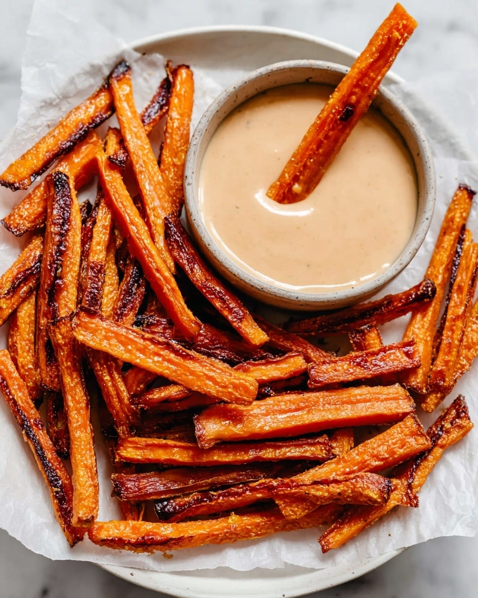 The image shows a white plate filled with crispy, roasted carrot sticks that have a bright orange color with some darker, slightly burnt edges, giving them a crunchy texture. The carrot sticks are arranged around a small, round bowl in the center, which holds a creamy, light tan dipping sauce. Two carrot sticks are dipped into the sauce, standing upright in the bowl. The plate sits on a white marbled surface, enhancing the bright colors of the food. Photo taken with an iphone --ar 4:5 --v 7