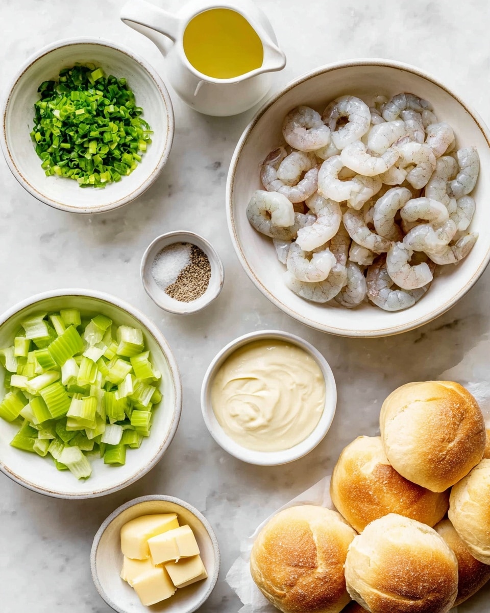 The image shows several white bowls and plates arranged on a white marbled surface. In the largest bowl on the right, there are raw, peeled shrimp with a light gray and white color. To the bottom left, a white bowl contains chopped green celery pieces, cut into small chunks. Above the celery bowl, there is a small white bowl filled with chopped green chives. Next to it on the left, a small white pitcher holds a light yellow liquid, likely melted butter or oil. Just above, a small light brown bowl contains coarse salt and ground black pepper. Below the shrimp bowl, there is a white bowl with a creamy, pale sauce or mayonnaise. Near the bottom center, a small white bowl holds a few soft yellow cubes of butter. In the top right and bottom left corners of the image, there are several golden-brown bread rolls with a soft crust. A woman's hand is partially visible holding one bread roll on the bottom left. Photo taken with an iphone --ar 4:5 --v 7