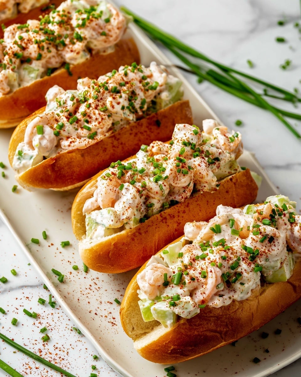 Four soft golden-yellow sandwich rolls are open-faced and filled with a creamy shrimp salad. Each sandwich has a thick layer of small pink shrimp mixed with pale green celery pieces, coated in a white creamy sauce. The shrimp salad is sprinkled with finely chopped green chives and a light dusting of reddish paprika or seasoning on top. The sandwiches sit tightly side by side on a long white plate, placed on a white marbled surface with scattered chives and seasoning around. Photo taken with an iphone --ar 4:5 --v 7