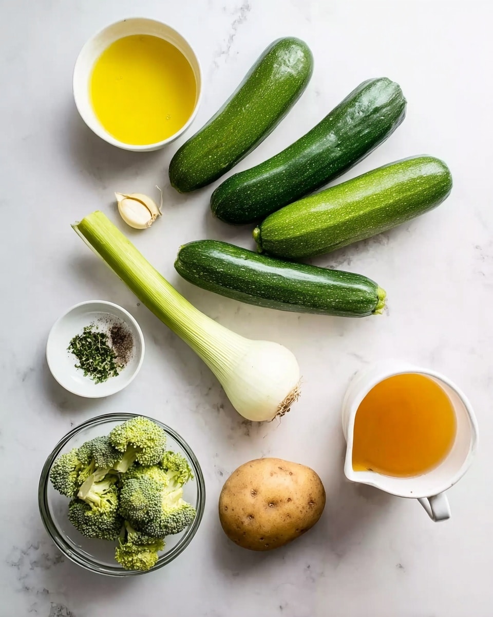 The image shows fresh ingredients laid out on a white marbled surface. There are three green zucchinis placed in a row, next to a pale green leek with white at the bottom. To the right of the leek is a small light brown potato. Below these veggies is a small white bowl with black pepper, another small white bowl with chopped green herbs, and a peeled garlic clove is on the left side. A small glass bowl contains bright yellow olive oil, and next to it is a clear glass bowl holding green broccoli florets. At the bottom right, there is a white measuring jug filled with light orange broth or stock. The setup looks clean and organized. photo taken with an iphone --ar 4:5 --v 7