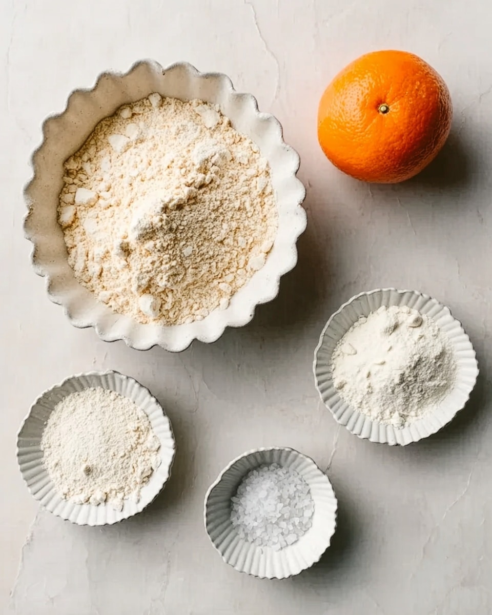 The image shows four bowls and an orange on a white marbled surface. The largest bowl, white scalloped, is filled with beige flour that has a slightly uneven texture and small clumps on top. A smaller white scalloped bowl contains white powder spread evenly. Another small white scalloped bowl has fine white powder with a smooth surface. A tiniest white bowl holds coarse grains of salt. To the top right of the bowls, there is a bright, smooth-skinned orange. The overall arrangement is neat and spaced with soft natural light. photo taken with an iphone --ar 4:5 --v 7