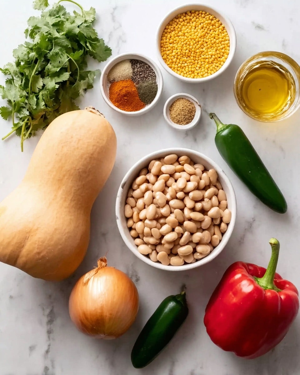 The image shows a white bowl filled with light tan beans placed near the center on a white marbled surface. Around it, there is a pale orange butternut squash on the left, a bunch of bright green cilantro under it, and two green jalapeño peppers placed side by side above the bowl. Toward the right side, there's a whole yellow onion near the bottom, a small white bowl filled with yellow couscous above the onion, next to it a glass filled with light yellow liquid, and a shiny red bell pepper near the upper right corner. Above the jalapeños, a small white bowl contains four types of spices arranged separately: red powder, black pepper, brown powder, and light brown. The photo taken with an iphone --ar 4:5 --v 7