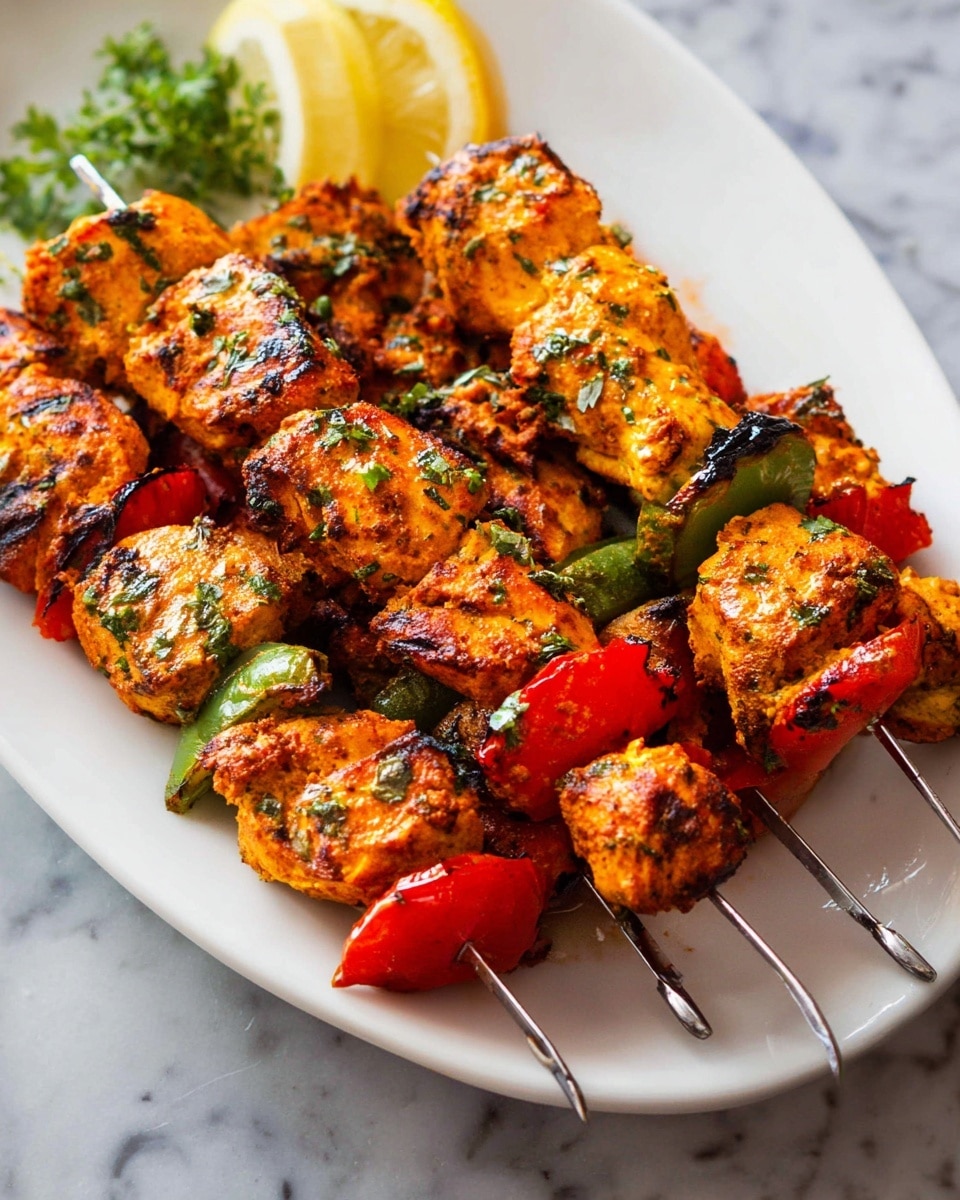 The image shows three metal skewers loaded with grilled pieces of orange-colored marinated chicken, separated by red tomato slices and green bell pepper chunks. The chicken pieces have a slightly charred texture with visible herbs on them. The skewers are arranged closely on a white oval plate with a lemon slice and a small green herb garnish placed at the back. The plate is set on a white marbled surface. photo taken with an iphone --ar 4:5 --v 7