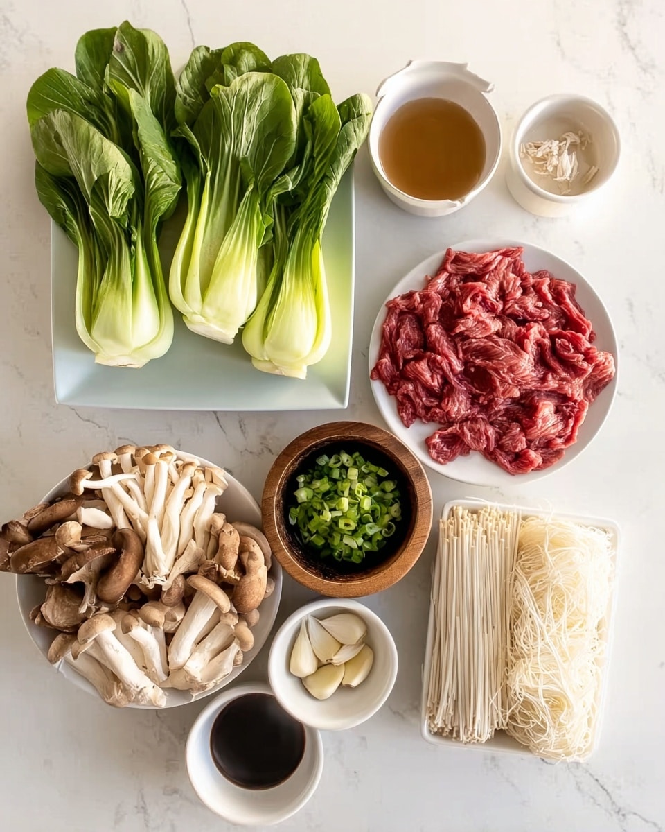 The image shows a white square plate with bright green bok choy leaves on the left side. Below it, a white round plate holds a mix of light beige and brown mushrooms of various shapes and sizes. To the right, another white round plate contains thin slices of red raw meat, neatly arranged. In the center, a small wooden bowl is filled with finely chopped green onions. Surrounding these main items are four small white bowls and one black bowl: two white bowls have light brown sauces, the black bowl contains several peeled garlic cloves, and a white bowl holds a bundle of uncooked white noodles. All items are placed on a white marble surface. Photo taken with an iphone --ar 4:5 --v 7