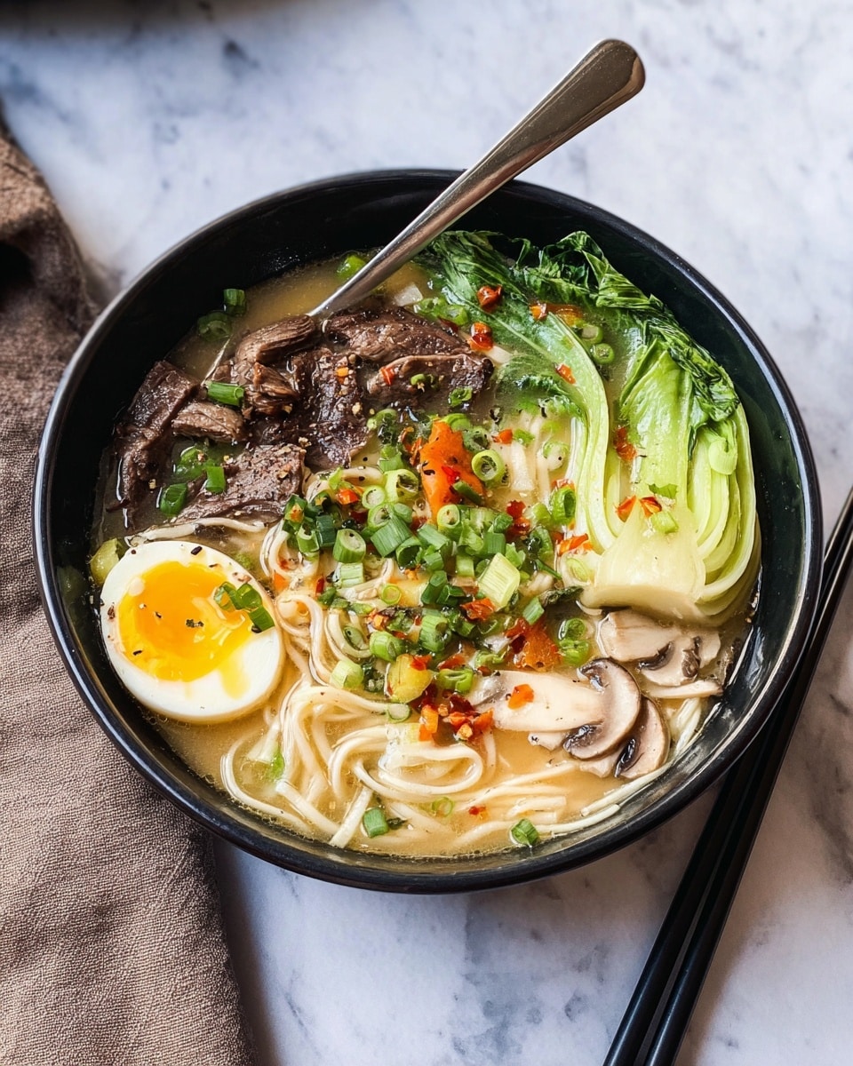 A black bowl filled with a layered noodle soup sits on a white marbled surface. The bottom layer consists of thin, pale noodles submerged in a light broth. On top, there are several slices of dark brown meat scattered around, with clusters of light beige mushrooms and bright green bok choy leaves placed along one side. Half of a soft-boiled egg with a yellow yolk and white edges rests near the top middle, sprinkled with chopped green onions and black pepper. Red chili flakes and small orange slices add color on the surface. A silver spoon is placed inside the bowl on the left side, and a pair of black chopsticks is positioned to the right of the bowl on the marbled surface. Photo taken with an iphone --ar 4:5 --v 7