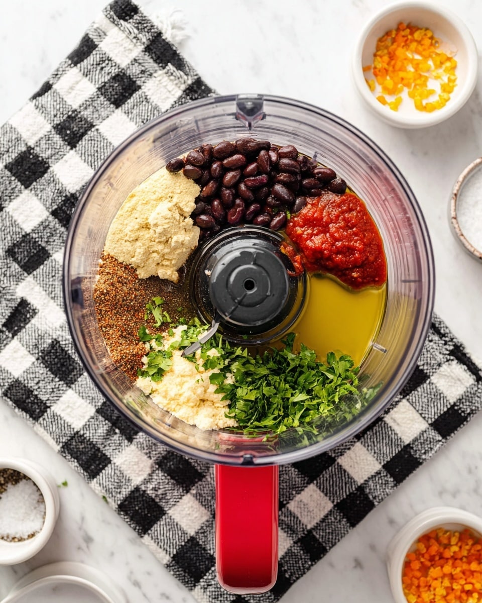 A clear food processor bowl with a red handle is placed on a white marbled surface with a black and white checkered cloth underneath. Inside the bowl, several ingredients are arranged separately in sections: dark black beans, light brown powder spice, minced light yellow garlic, green chopped herbs, bright red hot sauce, and a pool of golden olive oil. The blade of the processor is visible in the center, resting among the ingredients. Around the bowl on the white marbled surface are small white bowls, one containing salt and pepper, and another with white and orange ingredients. Photo taken with an iphone --ar 4:5 --v 7