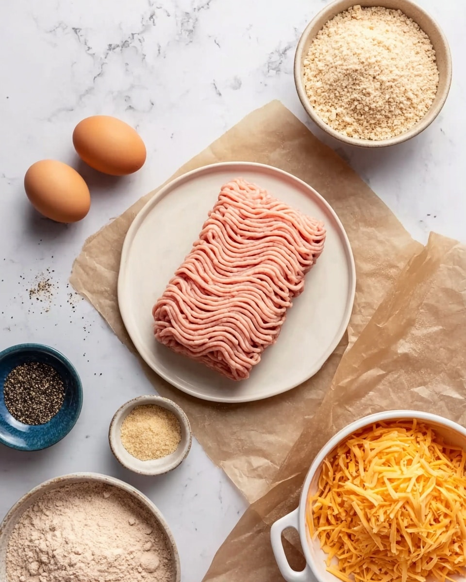 The image shows a white plate in the center with a rectangular mound of pale pink ground meat neatly arranged in wavy lines. Surrounding it are various small bowls and items placed on brown parchment paper over a white marbled surface. On the top side, there is a beige bowl filled with breadcrumbs and two brown eggs placed side by side. On the bottom left, a small bowl contains black pepper, while next to it a tiny blue bowl holds a pale yellow spice or powder. On the bottom right, there is another bowl with more breadcrumbs. At the bottom center, a white ceramic bowl with handles is filled with shredded orange cheese. Photo taken with an iphone --ar 4:5 --v 7