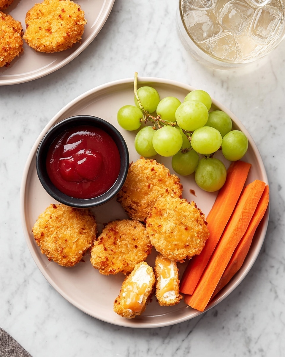 A white plate with five crispy golden brown nuggets, one showing a soft, light inside. To the right of the nuggets is a small bunch of shiny green grapes. Below the grapes, three bright orange carrot sticks lie flat. On the left side of the plate, a small black bowl is filled with rich red ketchup. The plate sits on a white marbled surface, with part of a second plate and a clear glass of water with ice visible near the top. Photo taken with an iphone --ar 4:5 --v 7