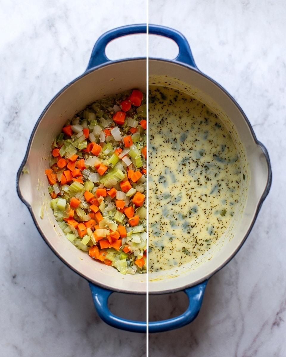 The image shows two stages of cooking in a blue pot with a white inside, placed on a white marbled surface. On the left side, the pot has a layer of diced vegetables including orange carrot slices, pale green celery pieces, and light-colored onions mixed with herbs; the vegetables have a soft, lightly cooked texture and sit scattered at the bottom. On the right side, the pot is filled with a creamy pale yellow soup that has tiny dark green specks evenly distributed throughout, with a few light bubbles on the surface, showing a creamy and smooth texture. The pot has two handles and is seen from above. Photo taken with an iphone --ar 4:5 --v 7