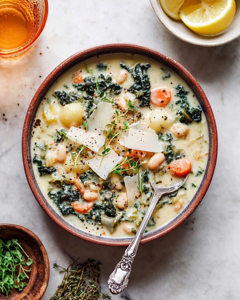 A bowl of creamy soup with visible layers including light green torn kale leaves, orange carrot slices, white beans, and chunks of potato in a thick white broth. On top, there are shaved pieces of white cheese and scattered black pepper along with small green herb sprigs as garnish. The soup is served in a round bowl with a reddish-brown rim on a white marbled surface. A silver spoon with ornate handle rests inside the bowl. Around the bowl, there is a brown dish with fresh green herbs in the bottom left corner and a white bowl with lemon wedges in the upper right corner, with an amber-colored drink glass at the top left. photo taken with an iphone --ar 4:5 --v 7