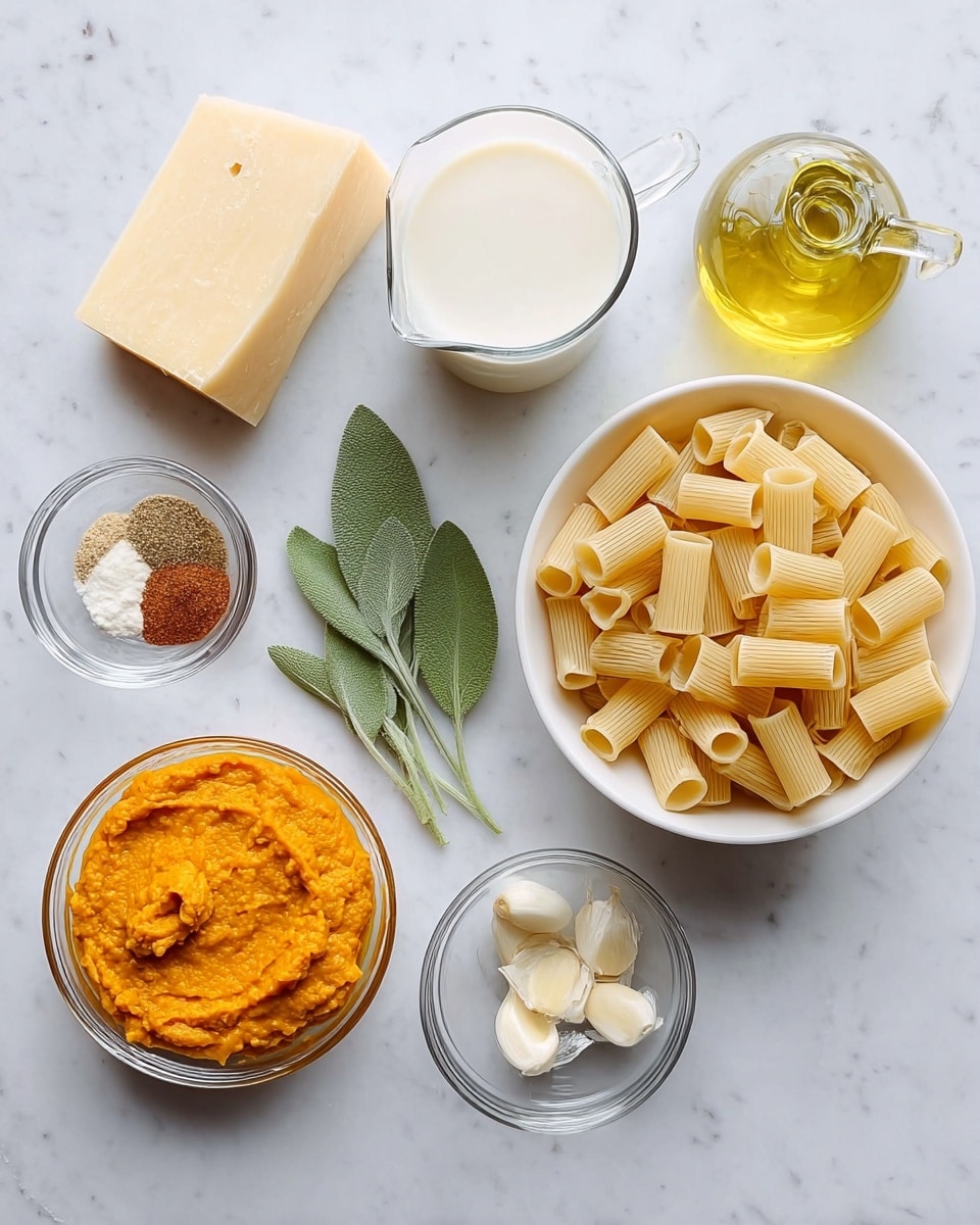 The image shows ingredients arranged neatly on a white marbled surface. There is a large white bowl filled with short, tube-shaped uncooked pasta on the right side. Below it is a small clear glass pitcher with milk. To the left of the milk is a round clear glass bowl with bright orange pumpkin puree. Above the puree is a small clear bowl with mixed spices, including brown and white powders. Near the spices are three fresh sage leaves placed beside a block of hard pale yellow cheese. Above the cheese is a small clear bowl holding four peeled garlic cloves. In the top right corner, there is a clear glass bottle with golden olive oil. All items are well spaced and clearly visible. photo taken with an iphone --ar 4:5 --v 7