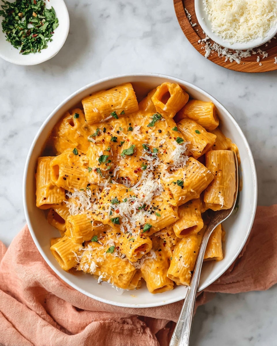 A white bowl filled with rigatoni pasta covered in a smooth, creamy orange sauce, sprinkled with grated white cheese and small green herb pieces on top, with visible black pepper flakes scattered around. A fork is placed inside the bowl on the right side. Nearby, there is a wooden board with finely grated white cheese and a small white bowl containing chopped green herbs. The dish and surrounding items are set on a white marbled surface, and a soft peach-colored cloth is partially visible under the bowl. photo taken with an iphone --ar 4:5 --v 7