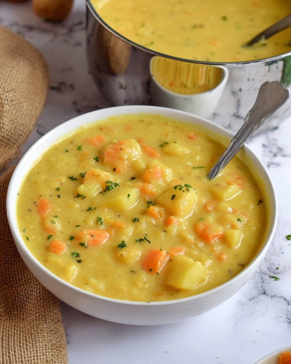 The image shows a close-up of a white bowl filled with thick yellow soup that has visible chunks of orange carrot and light yellow potato pieces scattered throughout. The soup looks creamy and slightly textured, topped with small green herb sprinkles. A silver spoon is partially submerged in the soup on the right side of the bowl. Behind the bowl, there is a shiny metal pot holding more soup on a white marbled surface, with a piece of tan burlap fabric in the background. photo taken with an iphone --ar 4:5 --v 7